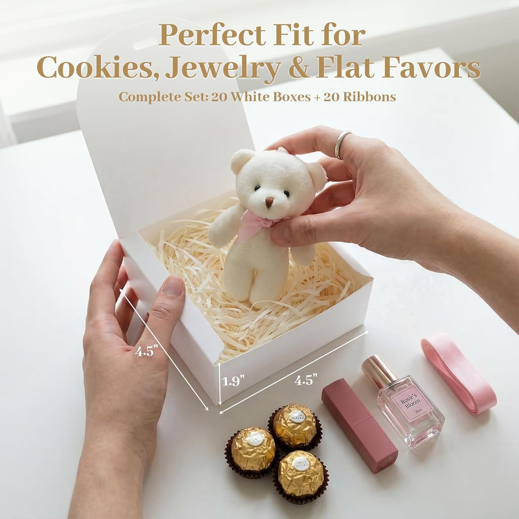 20PCS Thank You Gift Boxes, 4.5x4.5x1.9 Inches Mini Party Favor Boxes White Treat Bags with Bow Ribbon for Wedding