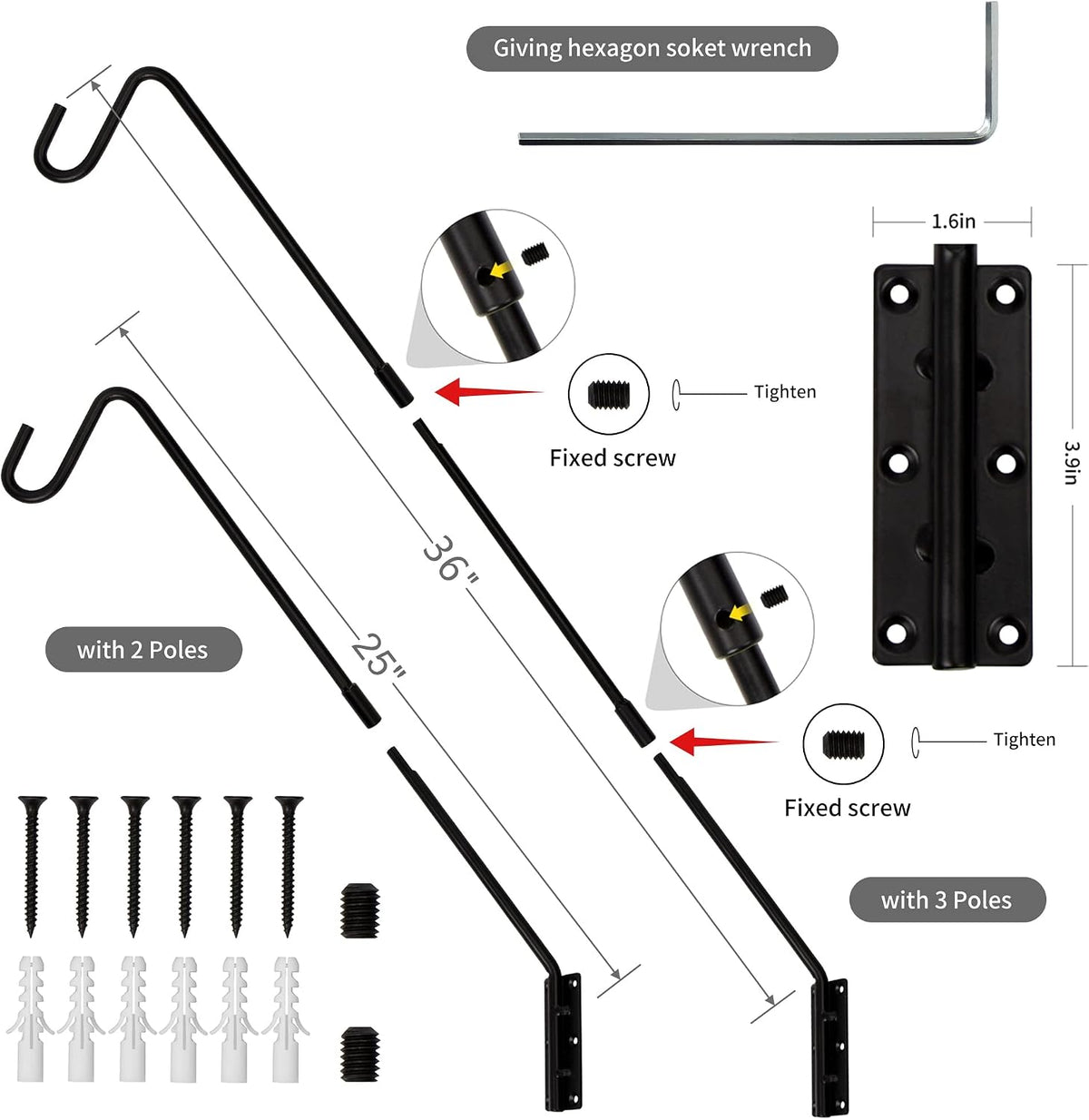 Heavy Duty Deck Hook, 25 Inch or 36 Inch Wall Mounted Extended Reach Deck Hook Wall Pole Plant Bracket for Hanging