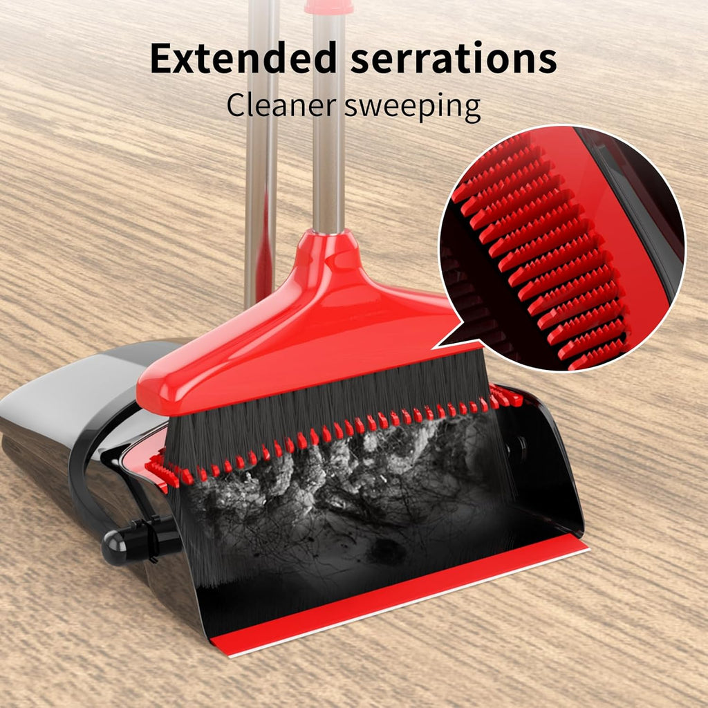 Broom with Dustpan Combo Set 54" Long Handle Adjustable Length Stainless Steel Broomstick Standing Dust Pan and Broom