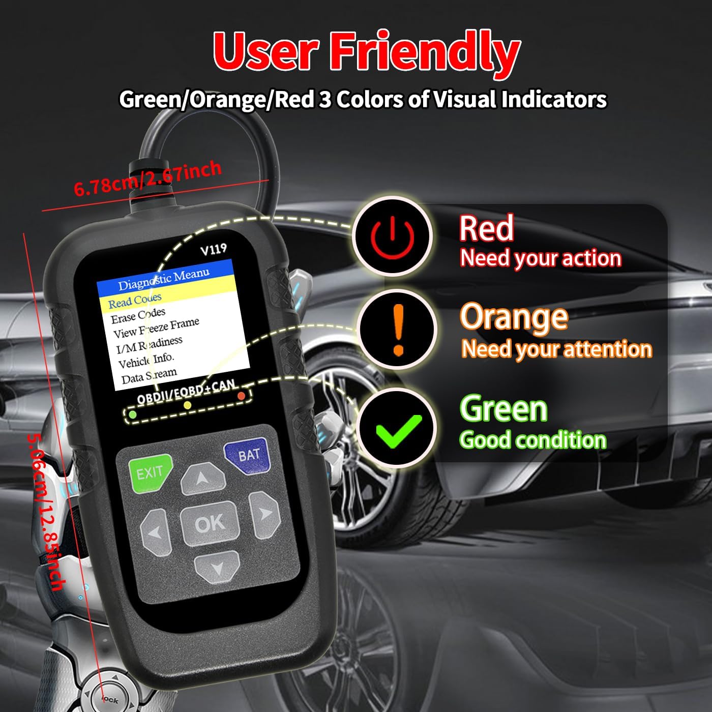 Car OBD2 Scanner Diagnostic Tool, Code Reader, Voltage Tester, Check Engine Light Fault Code, OBD2/EOBD for OBDII