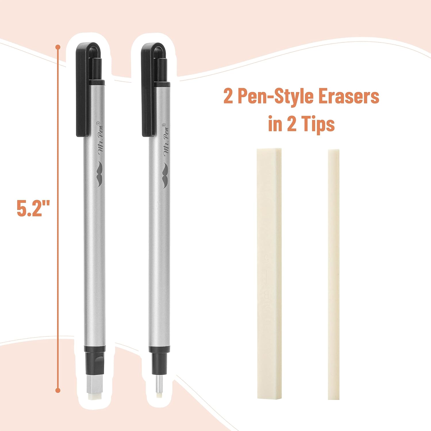 Pen Style Eraser Set, 2 Pack, Square & Round Tip | Precision Pencil Erasers, Retractable Silver Eraser Pens for