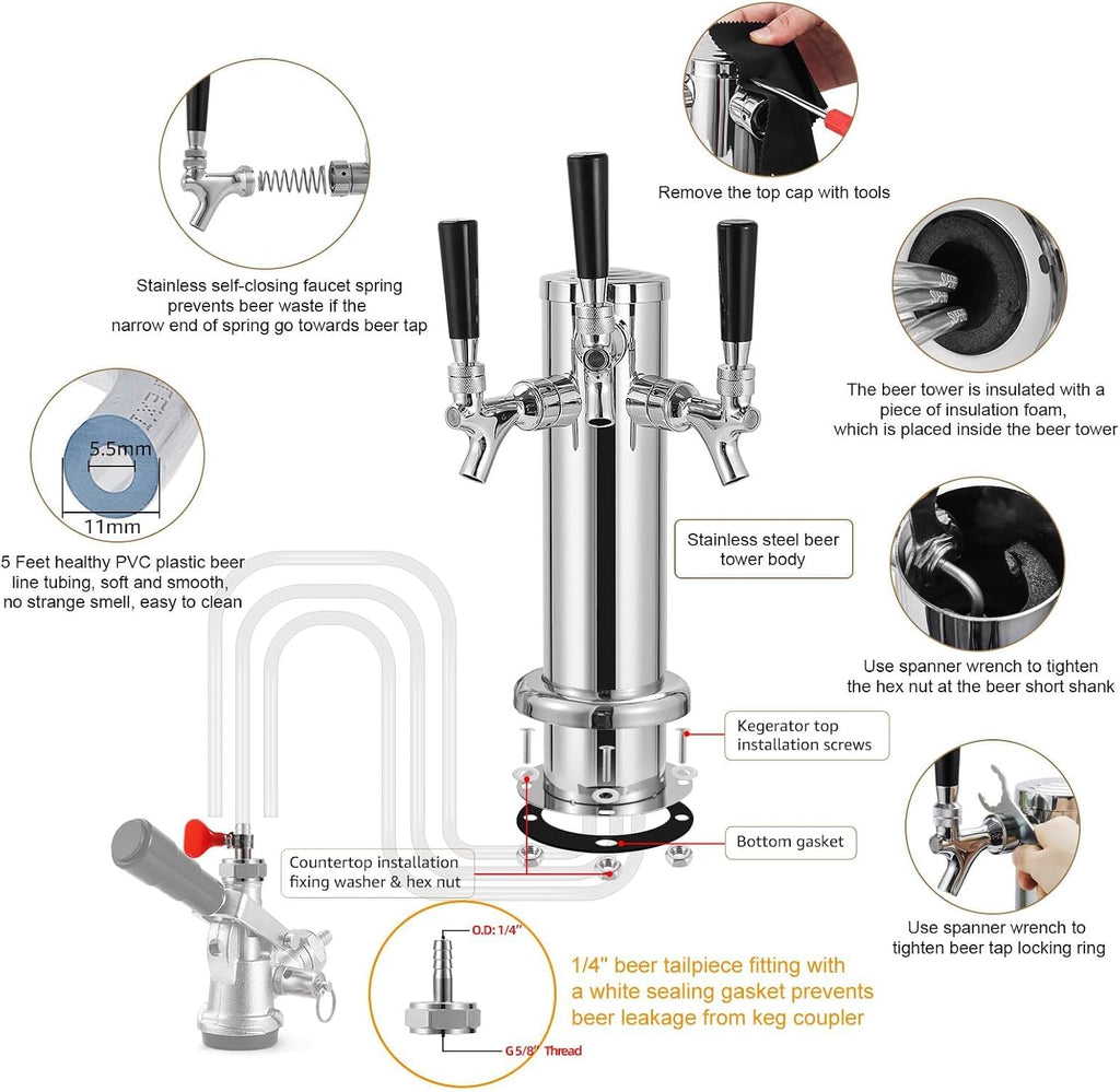 Kegerator Tower Standard 3 Tap Beer Tower with Self-Closing Beer Faucet
