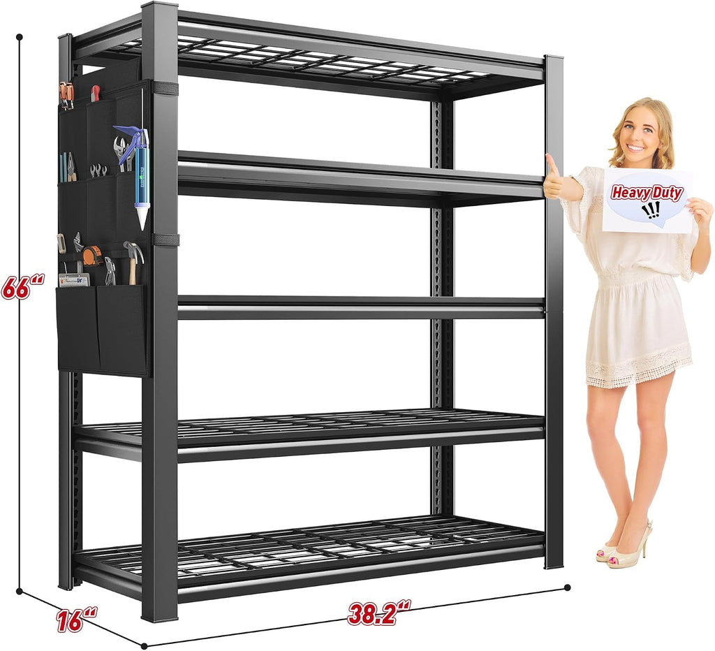 Storage Shelves,Heavy Duty Garage Shelving Load 2500LBS,5-Tier Metal Shelving Units with Tool Storage Bag, Adjustable