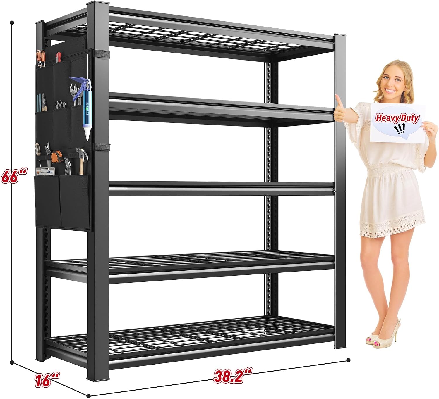 Storage Shelves,Heavy Duty Garage Shelving Load 2500LBS,5-Tier Metal Shelving Units with Tool Storage Bag, Adjustable