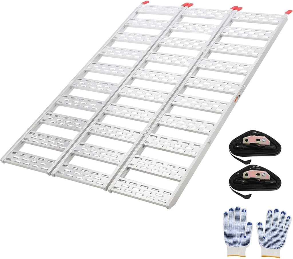 Tri-Fold Aluminum ATV Ramps for Pickup Trucks, 1500 Lbs Capacity | 76" L x 50" W, with straps and a pair of gloves