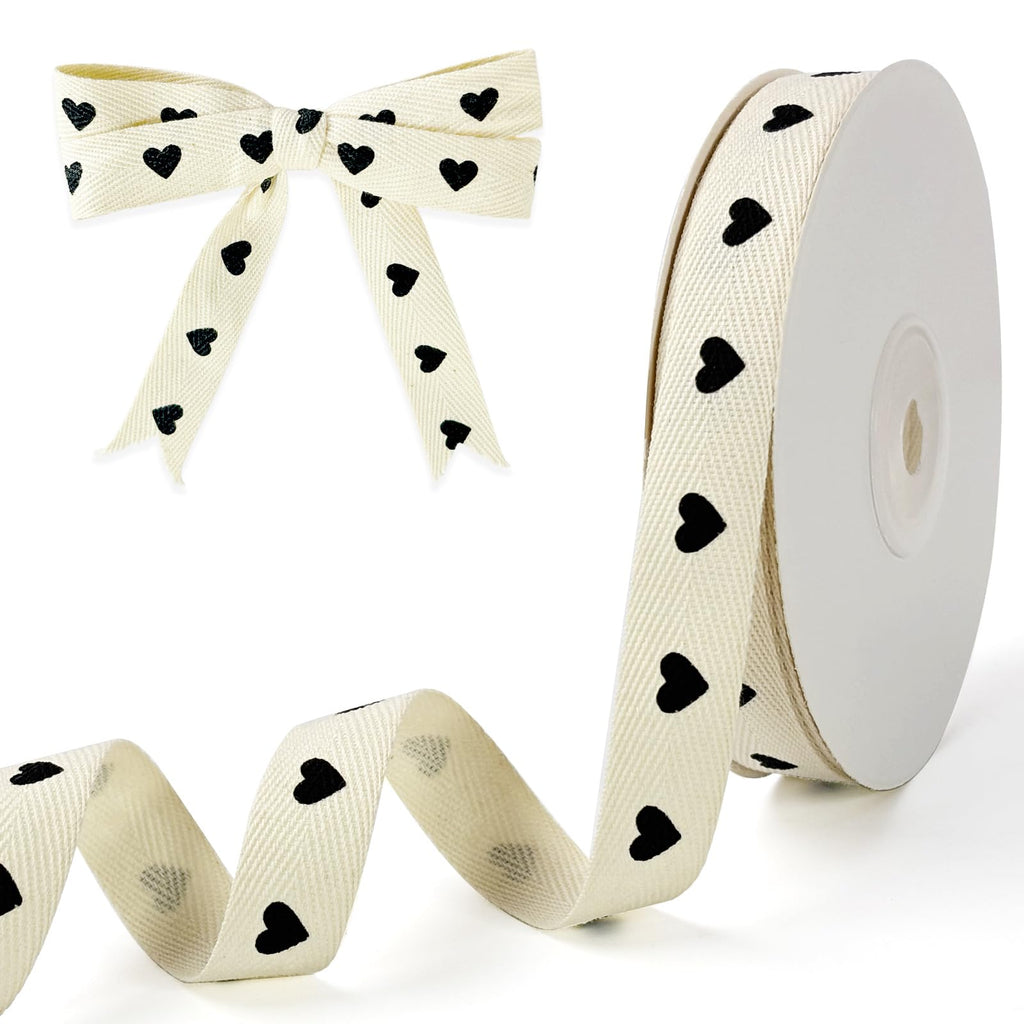 Cotton Herringbone Ribbon, 5/8" x 15yd, Heart Printed
