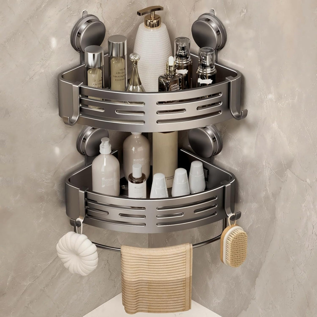 Corner Shower Caddy Suction Cup Shower Shelf Corner No Drilling Bathroom Shower Organizer Storage Rack Adhesive with