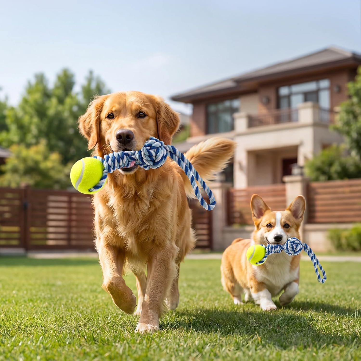 Interactive Tug of War Rope Toy for Medium & Small Dogs - Outdoor Tether Tug Toy with 1 Knot & Tennis Ball, Puppy