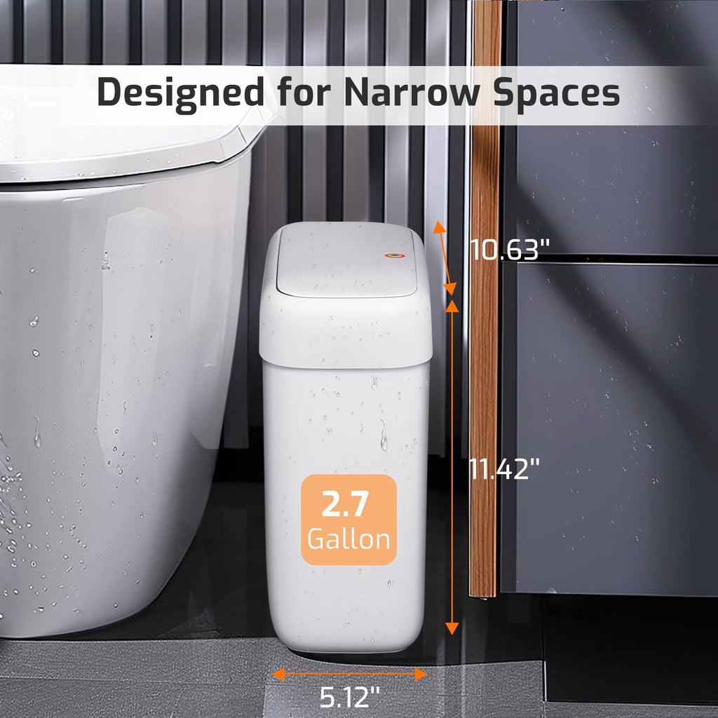 Small Bathroom Trash Can with Lid, 2.6 Gallons / 10 L Slim Plastic Garbage Bin with Pop-Up Lid, Mini Waste Basket Can