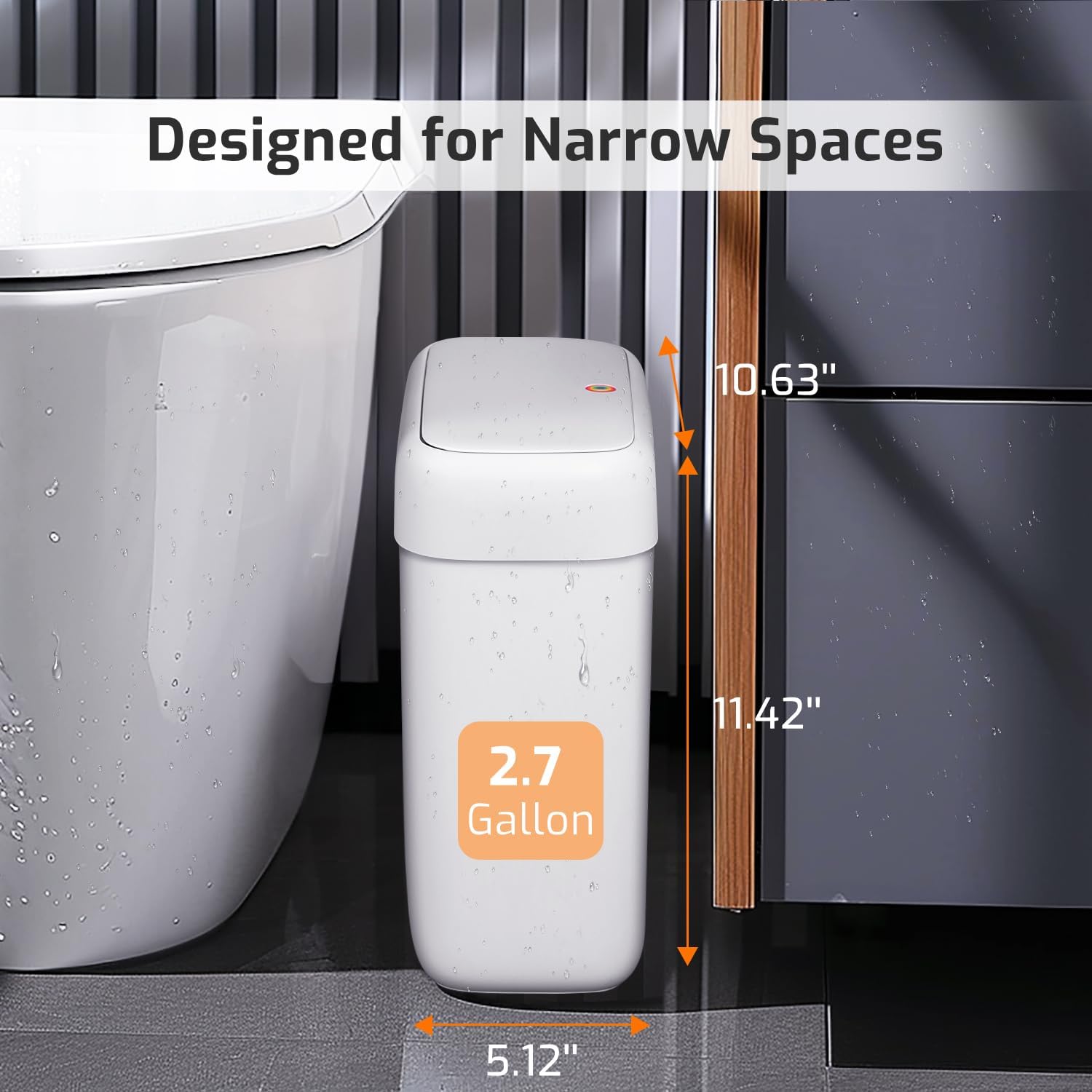 Small Bathroom Trash Can with Lid, 2.6 Gallons / 10 L Slim Plastic Garbage Bin with Pop-Up Lid, Mini Waste Basket Can