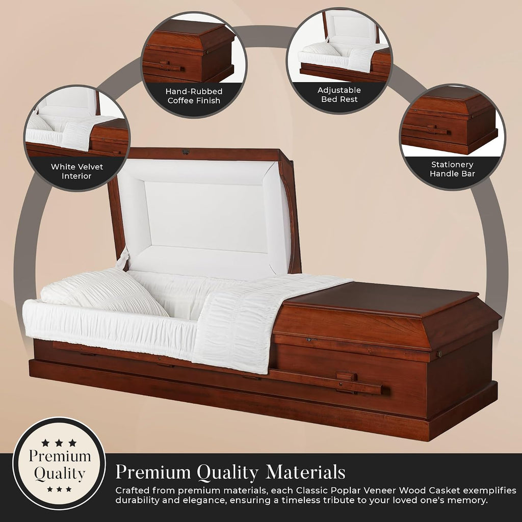 Carina Poplar Wood Funeral Casket w/White Velvet Interior