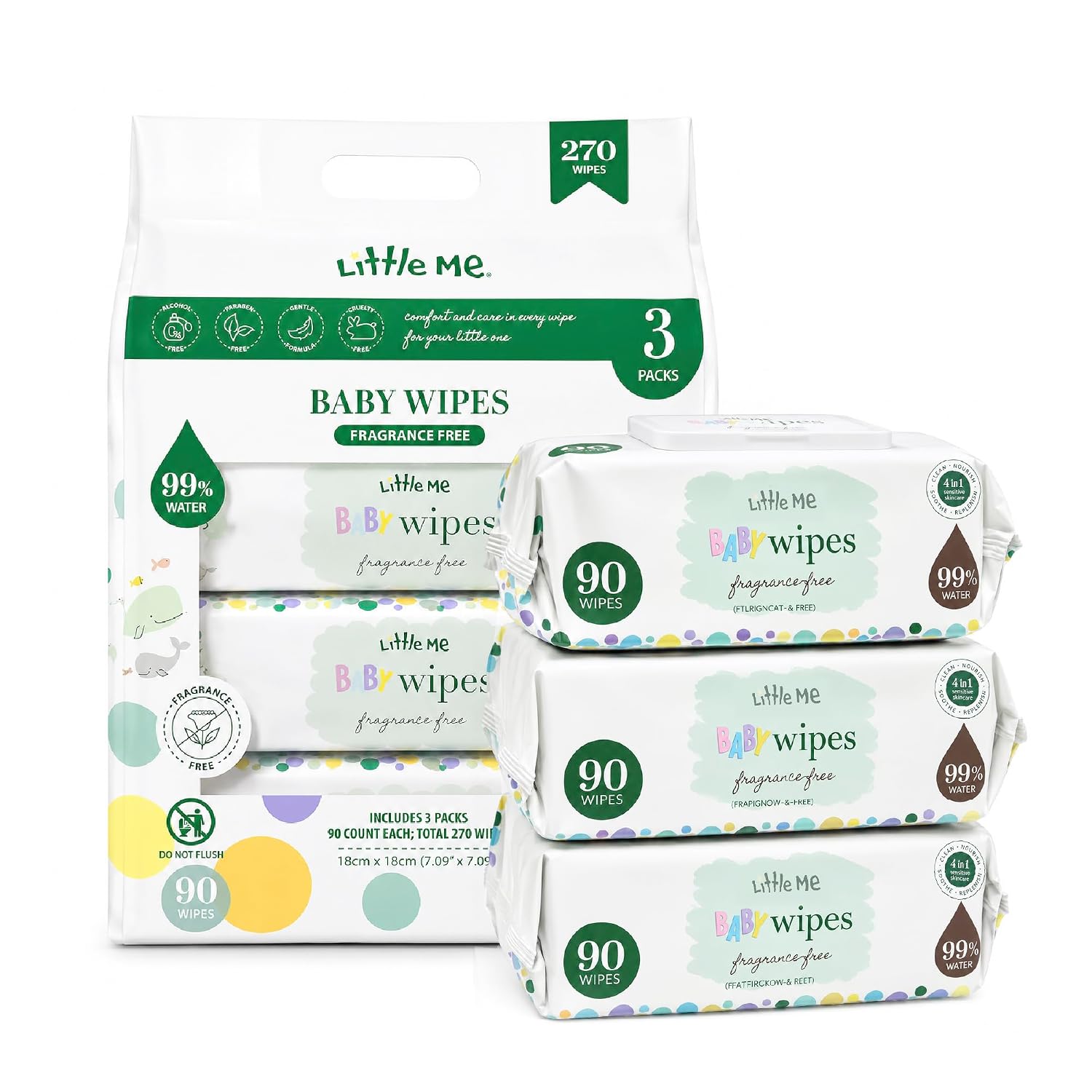 Baby Wipes, 270 Count (3 Packs of 90) – 99% Water, Alcohol Free, Paraben Free, Hypoallergenic, 4-in-1 Sensitive Skin
