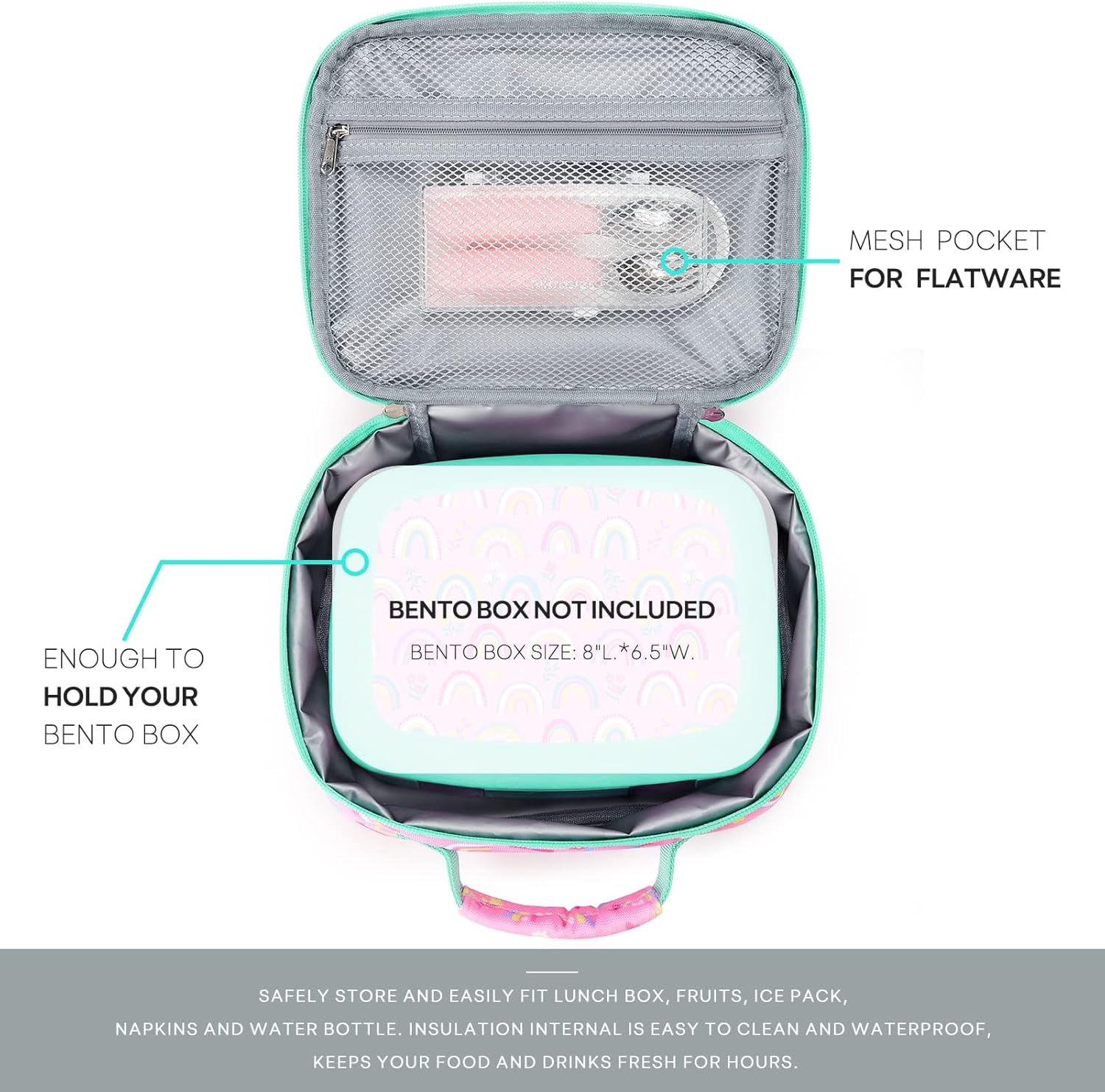 Kids Lunch Box for Girls, Insulated and Reusable Lunch Bag for School Preschool Kindergarten, Pink Rainbow