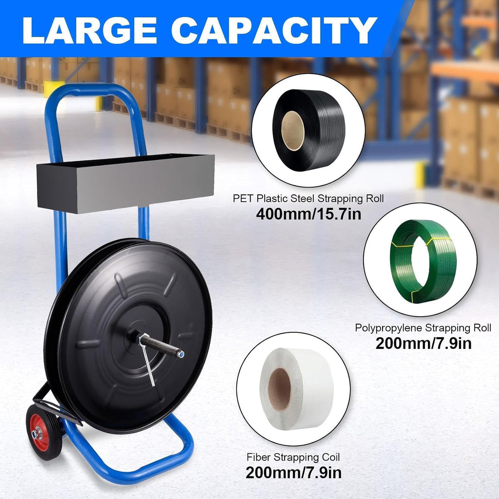 Heavy Duty Strapping Cart Dispenser for 15.7" PET & 7.9" PP/Fibre Coils, Movable Banding Machine with Brake System &