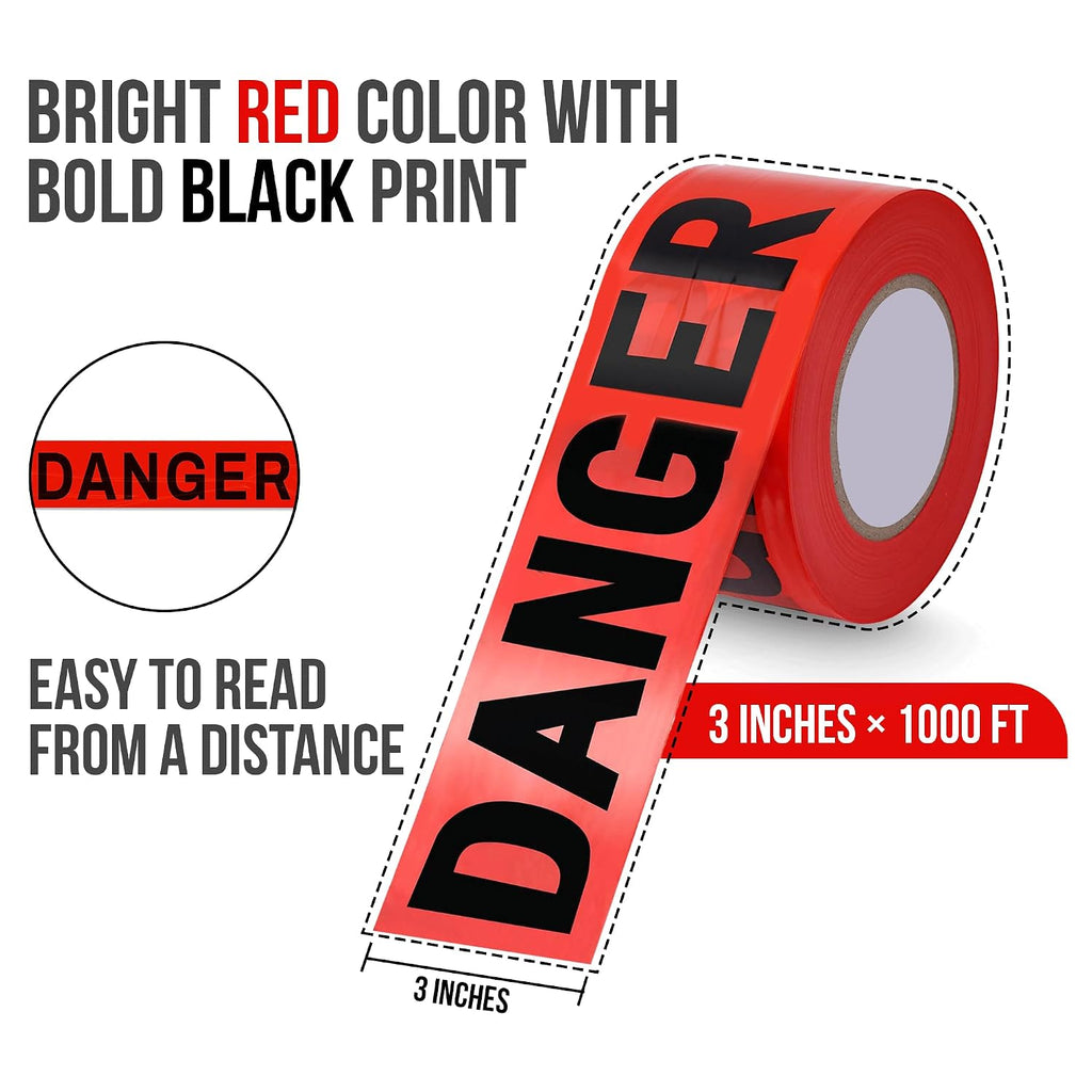 Red Barricade Tape Roll, 12 Rolls x1000ft, 3" Wide Non-Adhesive Tape | Red Danger Tape Roll for Contruction, Hazards