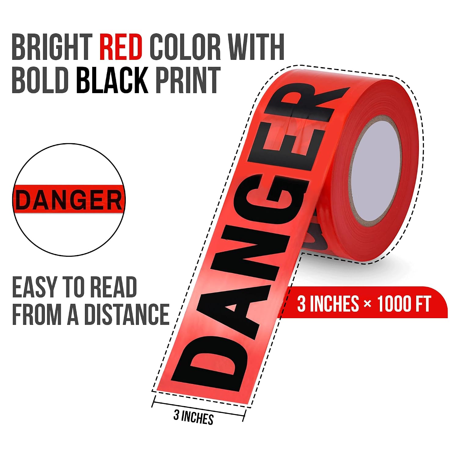 Red Barricade Tape Roll, 12 Rolls x1000ft, 3" Wide Non-Adhesive Tape | Red Danger Tape Roll for Contruction, Hazards