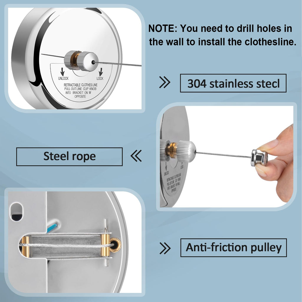 Retractable Clothesline 9.0 Feets Adjustable, 304 Stainless Steel
