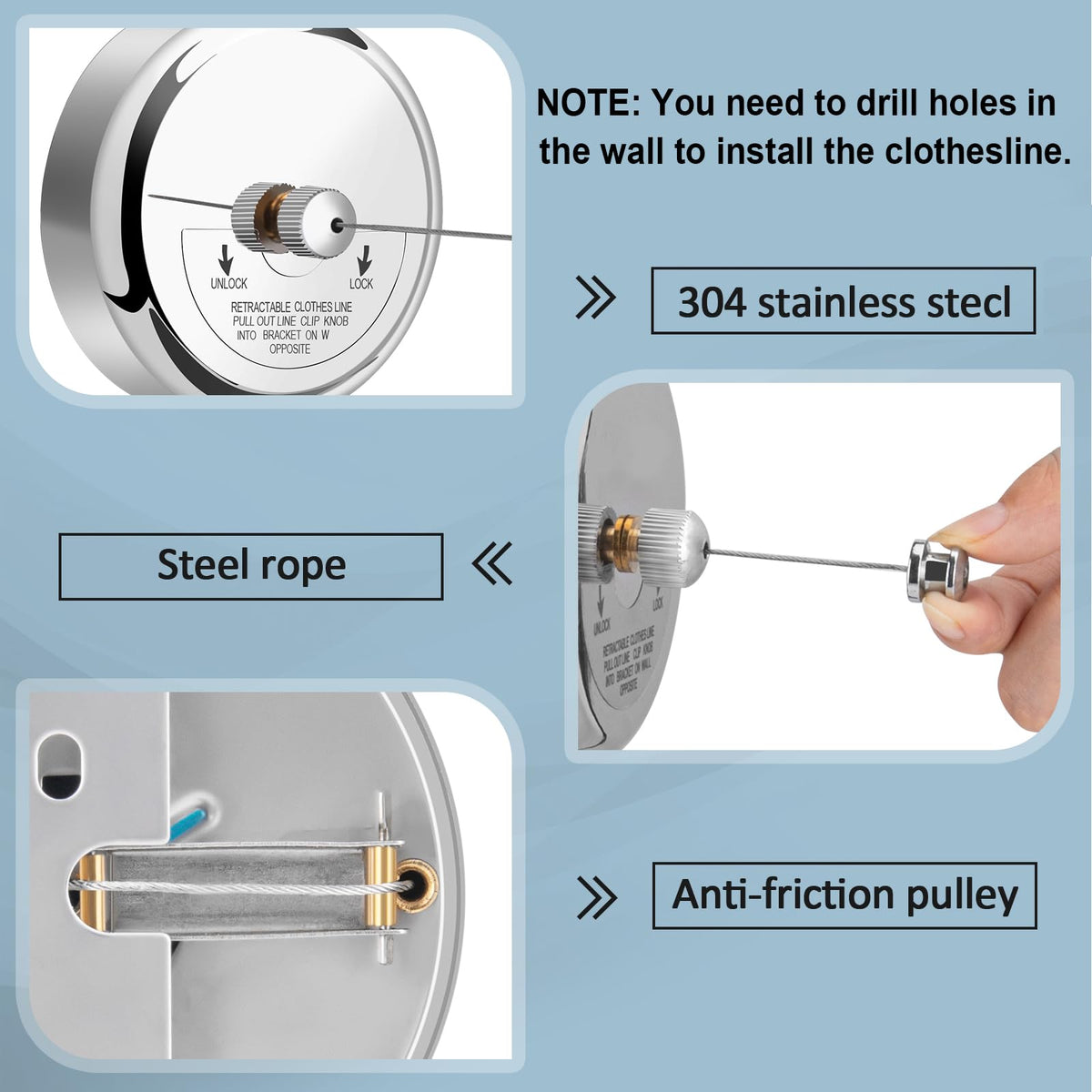 Retractable Clothesline 9.0 Feets Adjustable, 304 Stainless Steel
