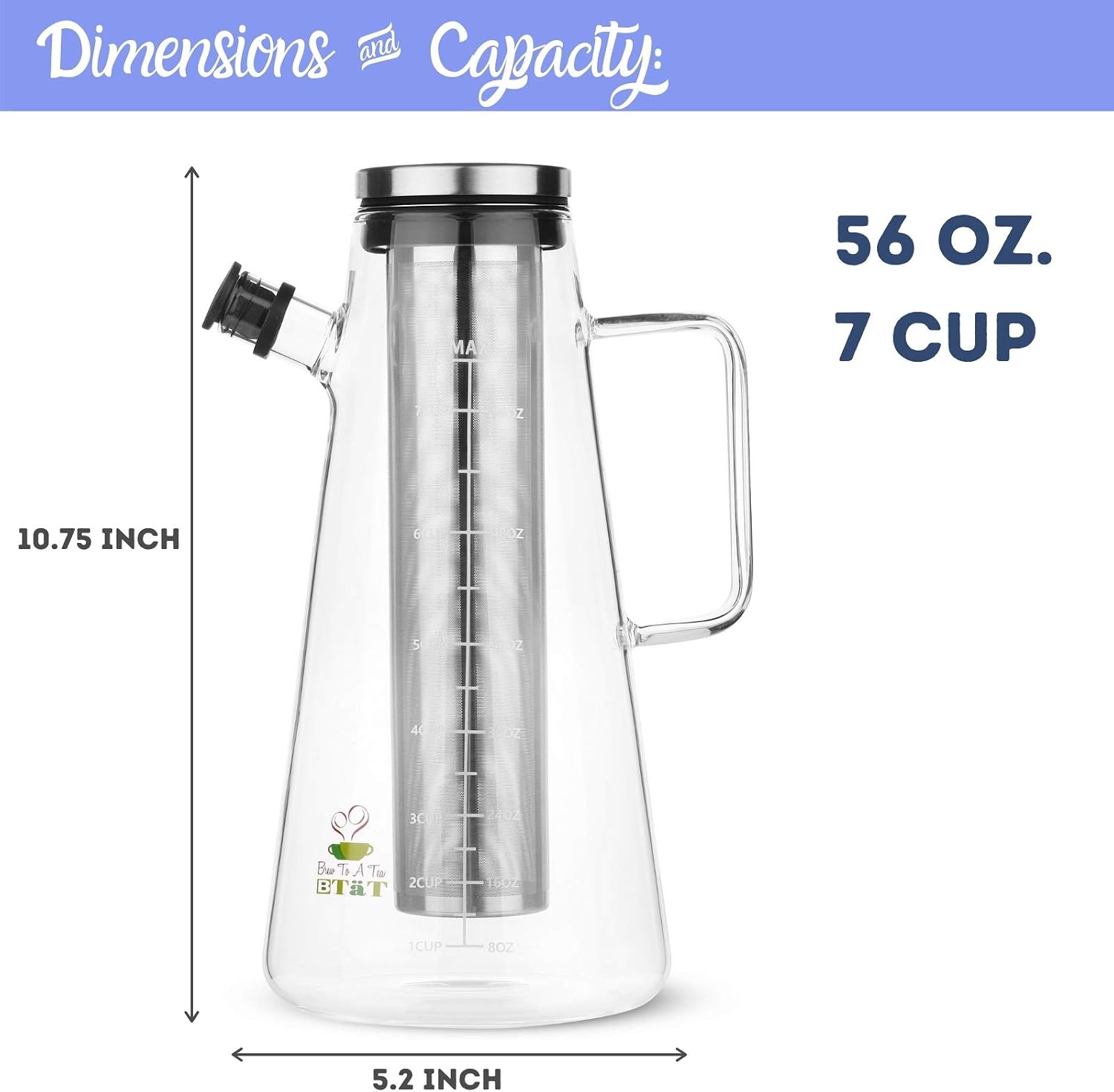 BTaT- Airtight Cold Brew Coffee Maker Pitcher, 2 Liter / 64 oz | Iced Tea Maker with Spout Brewing Glass Carafe