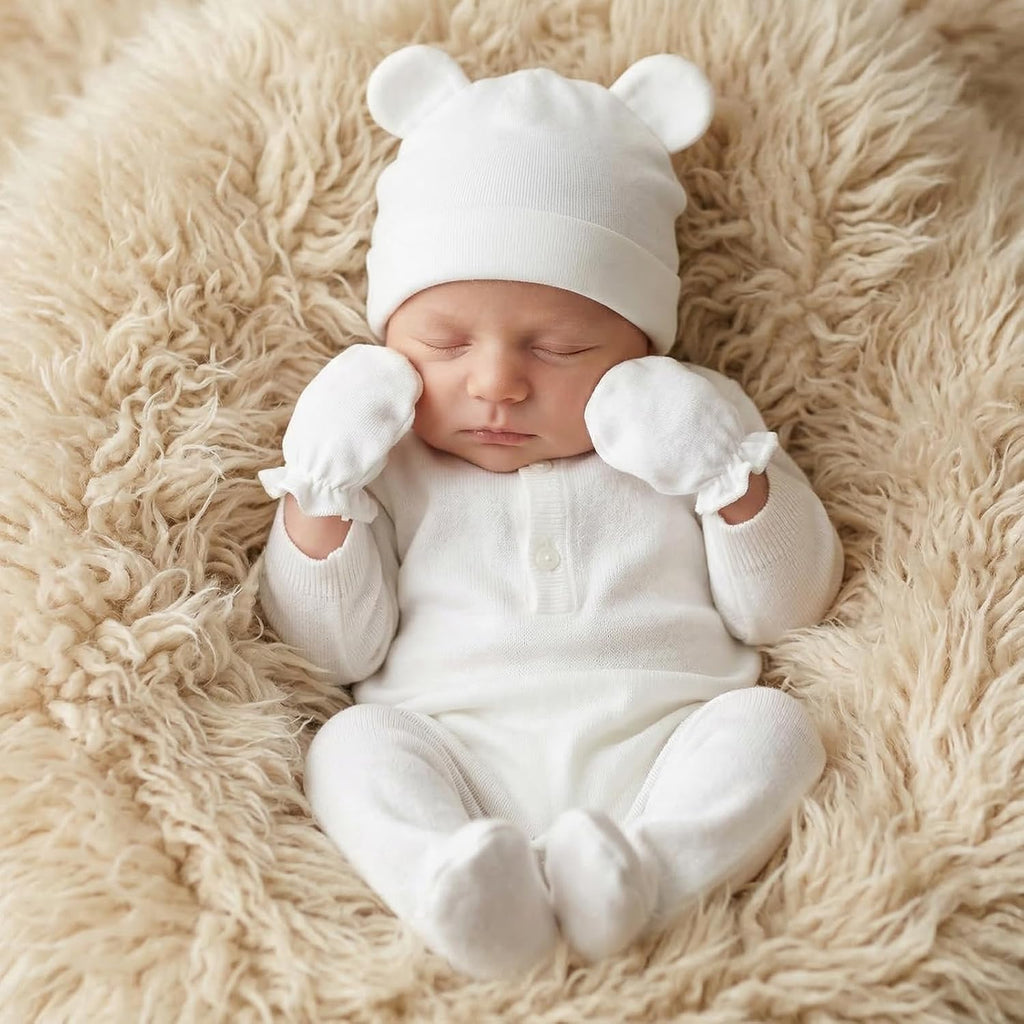 Newborn Baby Hats and Mittens Set, Cotton Infant Baby Boy Girl Bear Ears Caps and Mittens for 0-3 Months