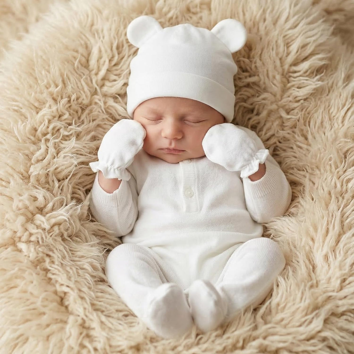 Newborn Baby Hats and Mittens Set, Cotton Infant Baby Boy Girl Bear Ears Caps and Mittens for 0-3 Months