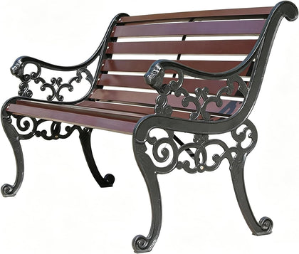 Outdoor Metal Garden Bench, 2-3 Person Patio Park Bench, Two-Seat Solid Wood Seat, Metal Frame, Backrest and