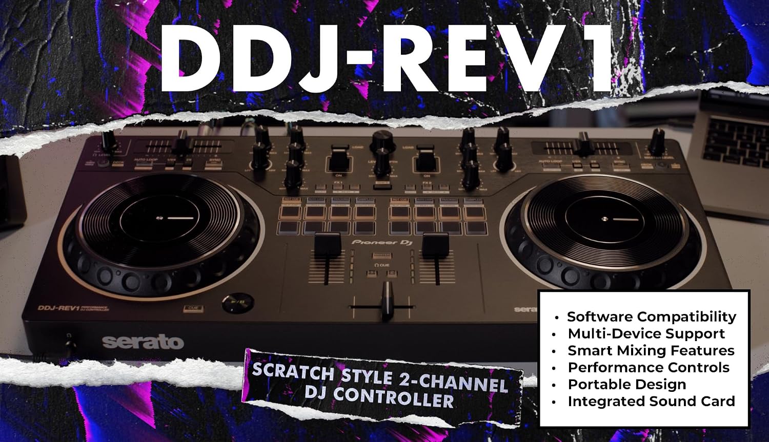 DJ DDJ-REV1 Scratch-Style 2-Channel DJ Controller for Serato DJ Lite - Black Bundle with Laptop Stand, Headphones