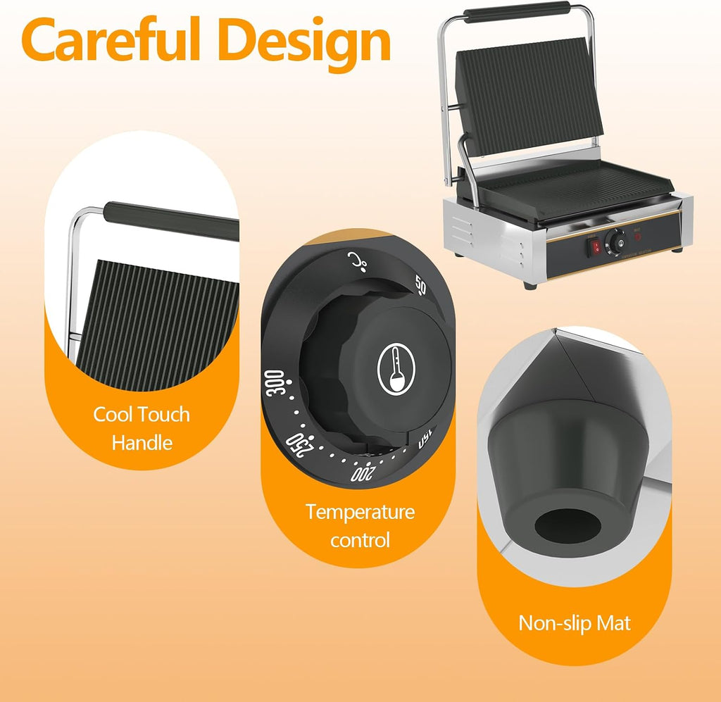 Commercial Panini Press - 2200W Commercial Panini Press Grill w/ 14"x9" Cooking Pan & Adjustable Temp, Commercial