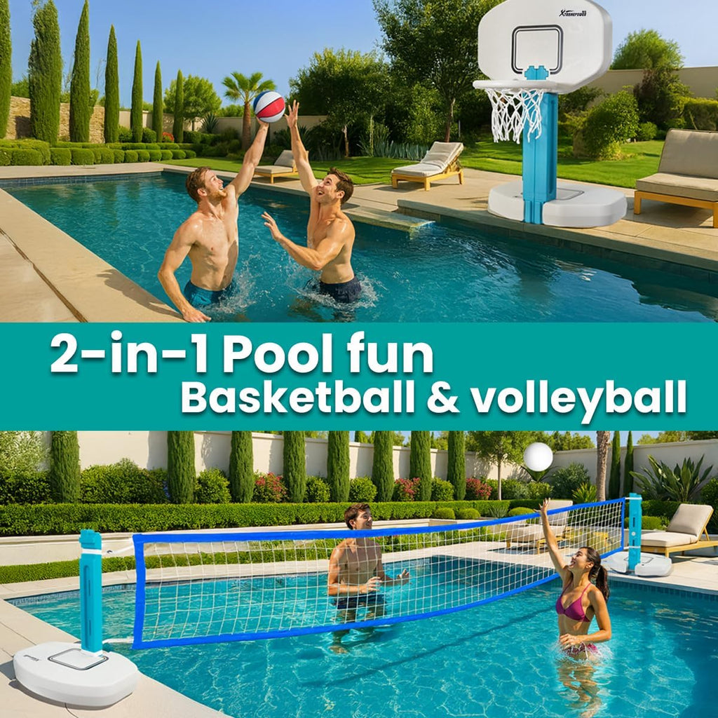2-in-1 Pool Volleyball Net & Basketball Hoop Combo Splash Game Set for Swimming Pool Basketball & Volleyball, HDPE