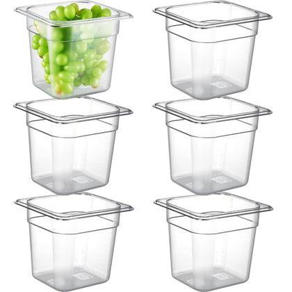 6-Pack 1/6 Size 6" Deep NSF Polycarbonate Food Pans | Dishwasher & Freezer Safe Clear Container for Prep Tables