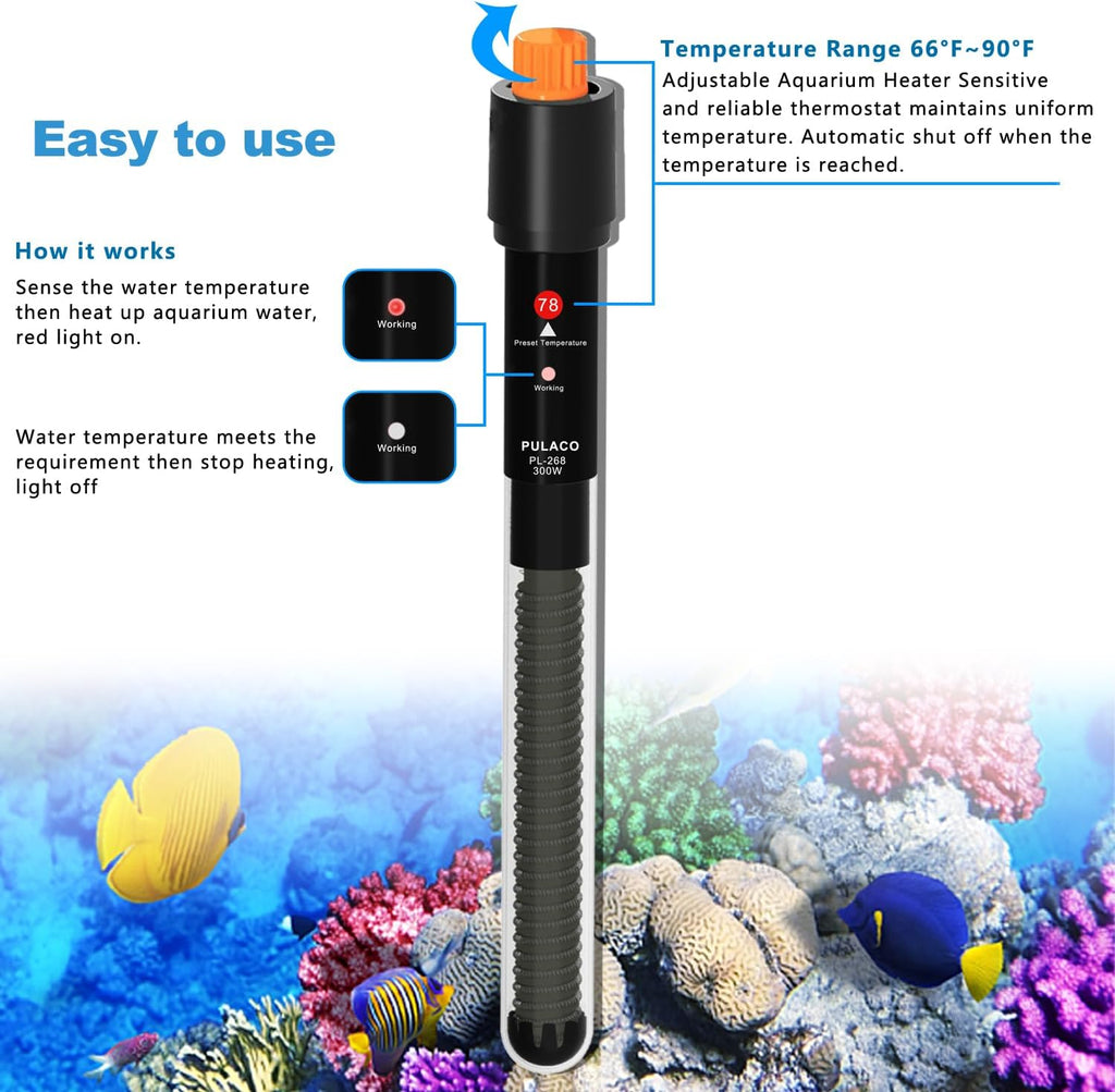 300Watt Aquarium Heater for 50-70 Gallon Fish Tank, Adjustable Submersible Heater Thermostat with Thermometer Strip