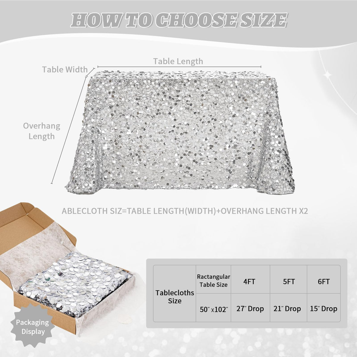 Silver Sequin Tablecloth 50x102 Inch Sparkly Rectangle Table Cloth