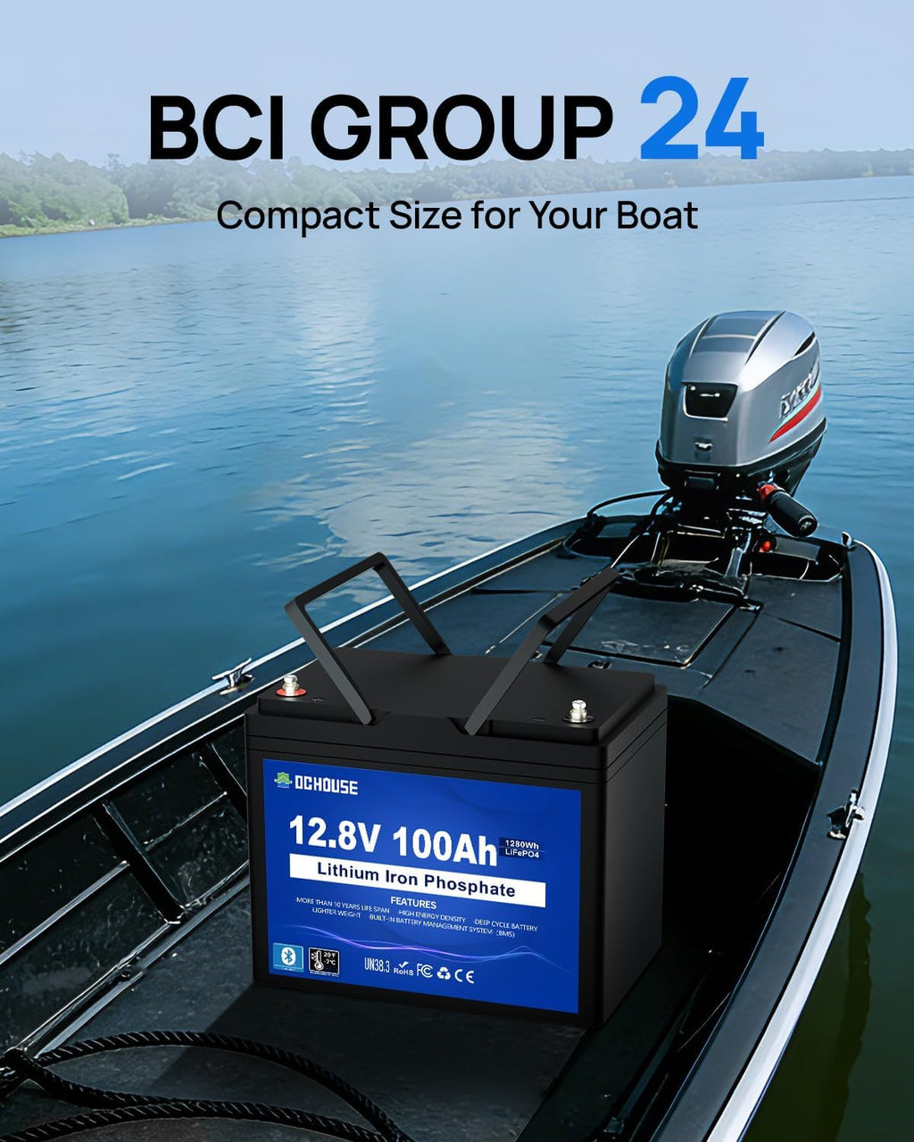 12V 100Ah Bluetooth LiFePO4 Trolling Motor Lithium Battery | Group 24, Low Temp Cut-Off, Up to 15000 Cycles, 100A