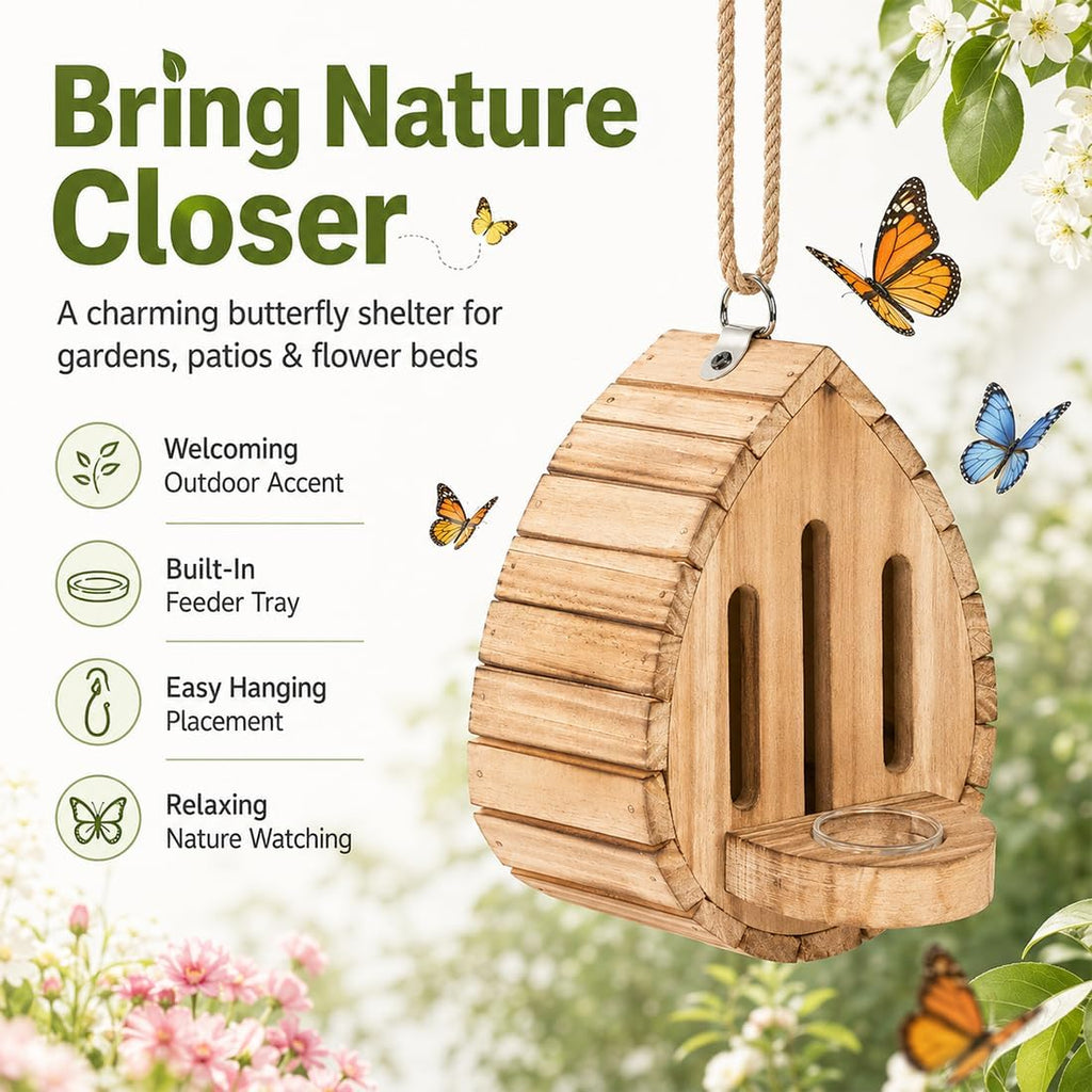 Butterfly House Wooden Shelter for Garden, Hanging Habitat Box (Wood)
