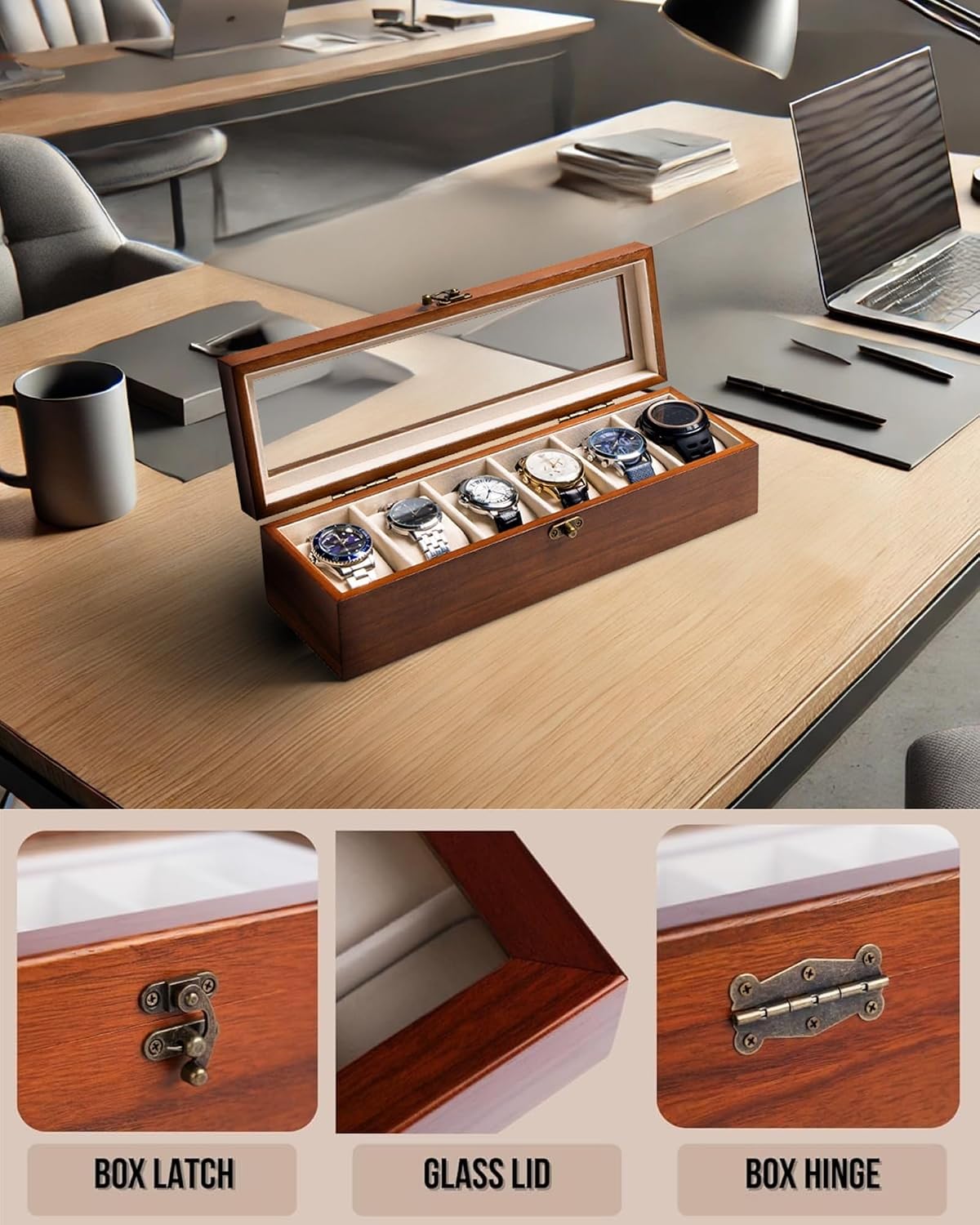 Watch Box, Watch Case for Men Women with Large Glass Lid, Wooden Watch Display Storage Box with 6 - Slots, Classic
