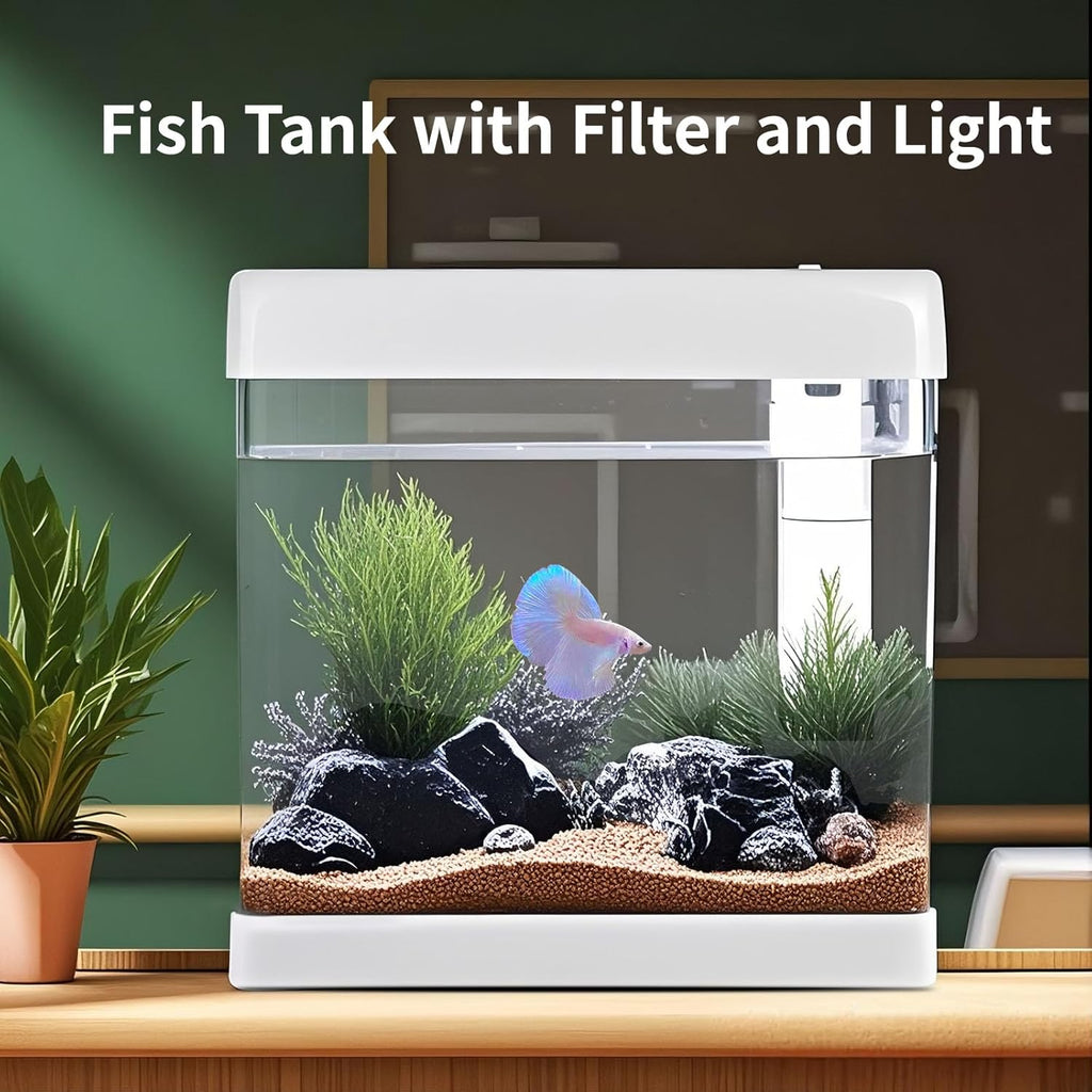 Small Fish Tank,5 Gallon Glass Aquarium Betta Fish Tank Starter Kit with Filter and LED Light.（White）