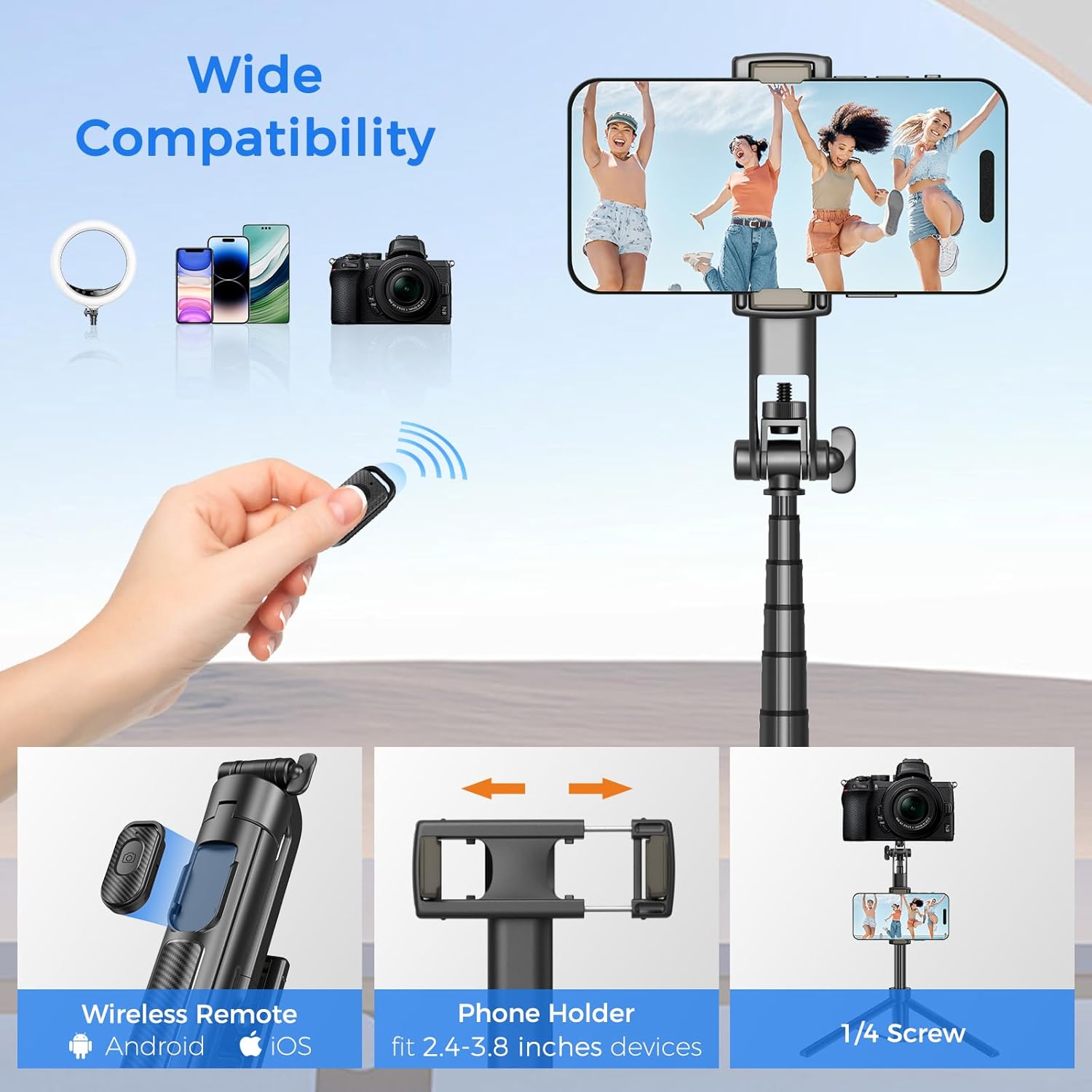 Selfie Stick Travel Tripod for Cell Phone with Remote Control and Phone Holder, Extendable Selfie Stick for iPhone