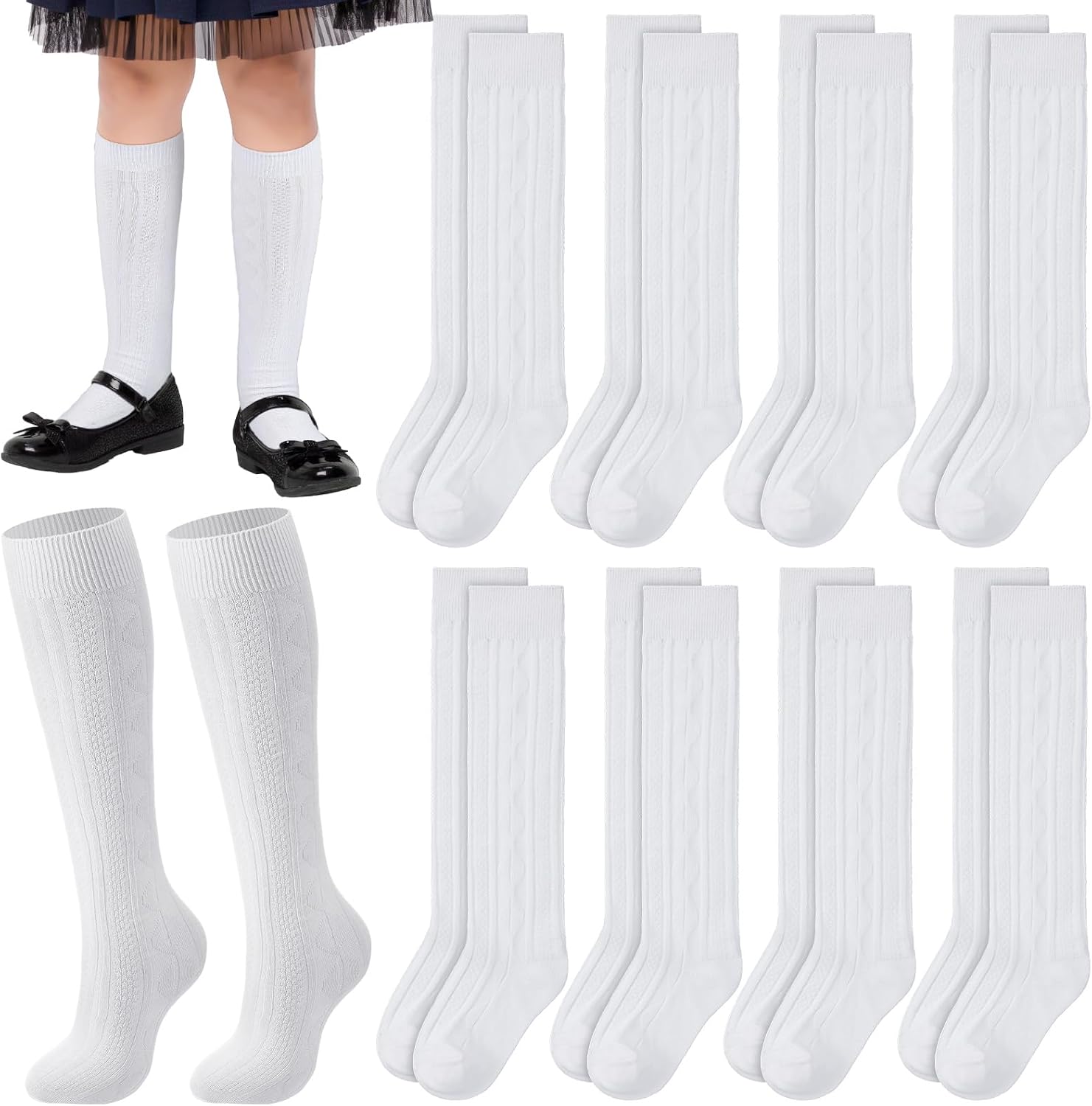 9 Pairs Girls Knee High School Uniform Socks | Cable Knit Seamless Cotton Breathable, Long Tube Dress Socks