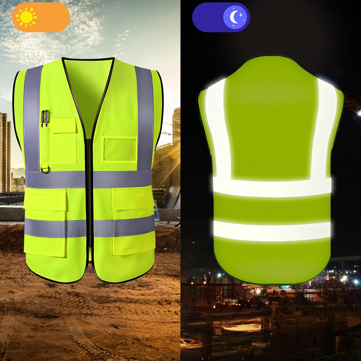 Custom Safety Vest High Visibility Reflective Vests with Pockets Zipper Customize Logo Class 2 for Men Construction
