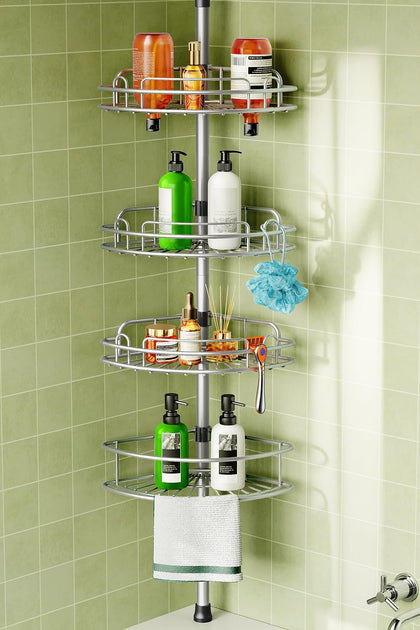 Corner Shower Caddy Tension Pole: 4-Tier Rust-Resistant Adjustable Bathroom Organizer Shelves - 47.72-123.6 Inch