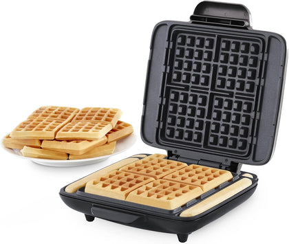 No-Drip Waffle Maker, 4 Square Mini Waffles at Once, Silver | Small Waffle Iron for Families, Kids Breakfast