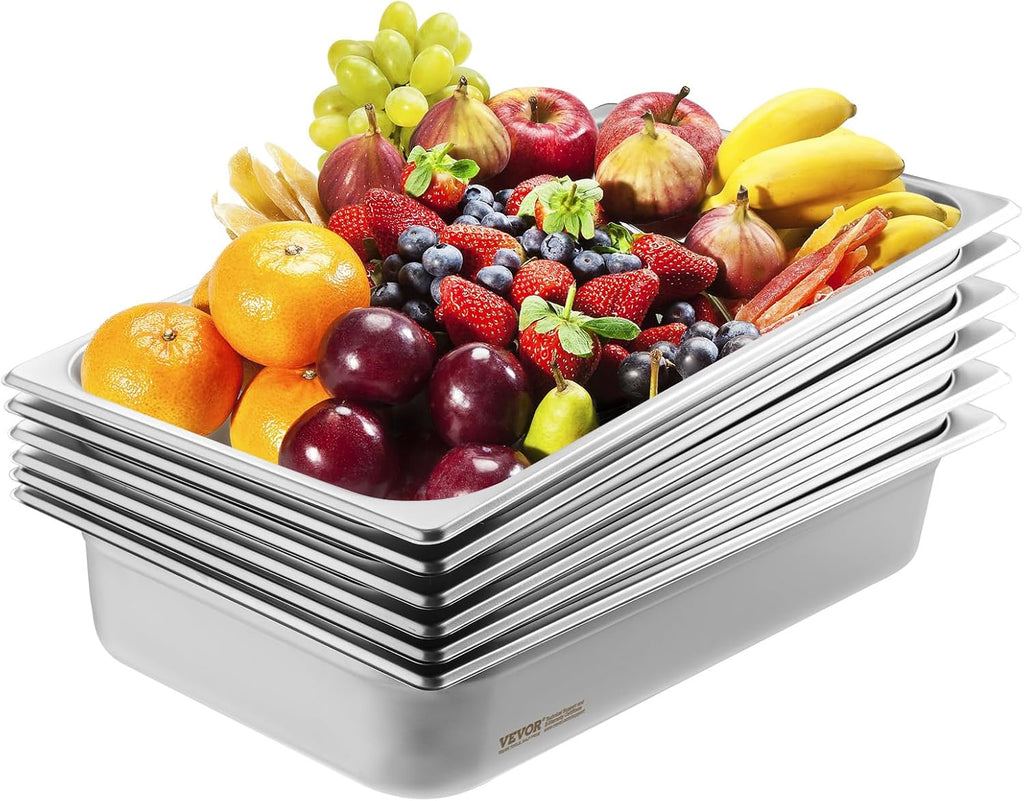 6 Pack Stainless Steel Hotel Pans,Full Size 4 Inch Deep 0.8mm Thick Anti-Jam Commercial Food Pans for Steam Tables
