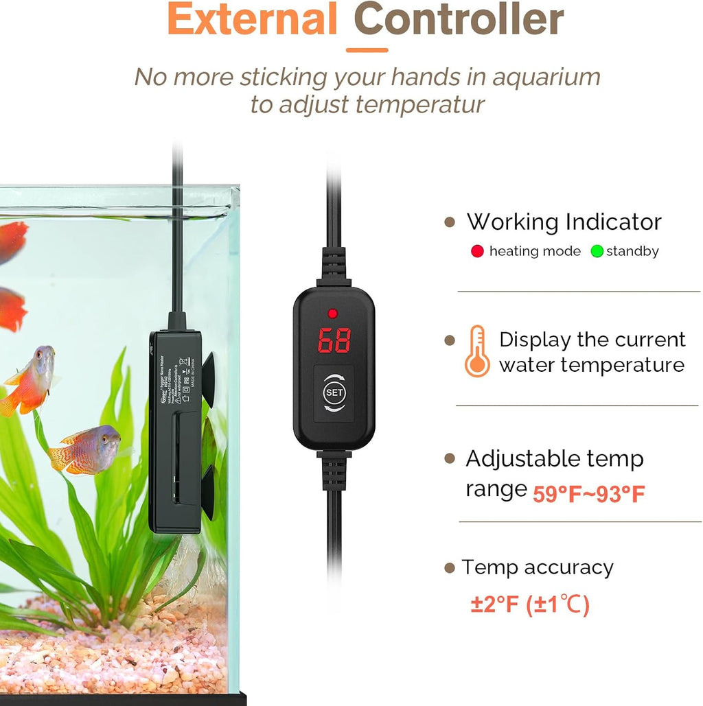 Mini Fish Tank Submersible Heater 20W for 1-5 Gallons Desktop Betta Aquarium Heater with Digital Display Controller