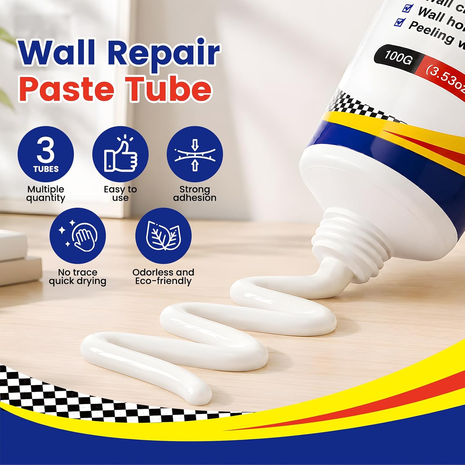 Drywall Repair Kit 3 Tubes,Spackle Wall Repair Paste Kit | 3×100g Putty, White Plaster Drywall Mud for Wall Repair