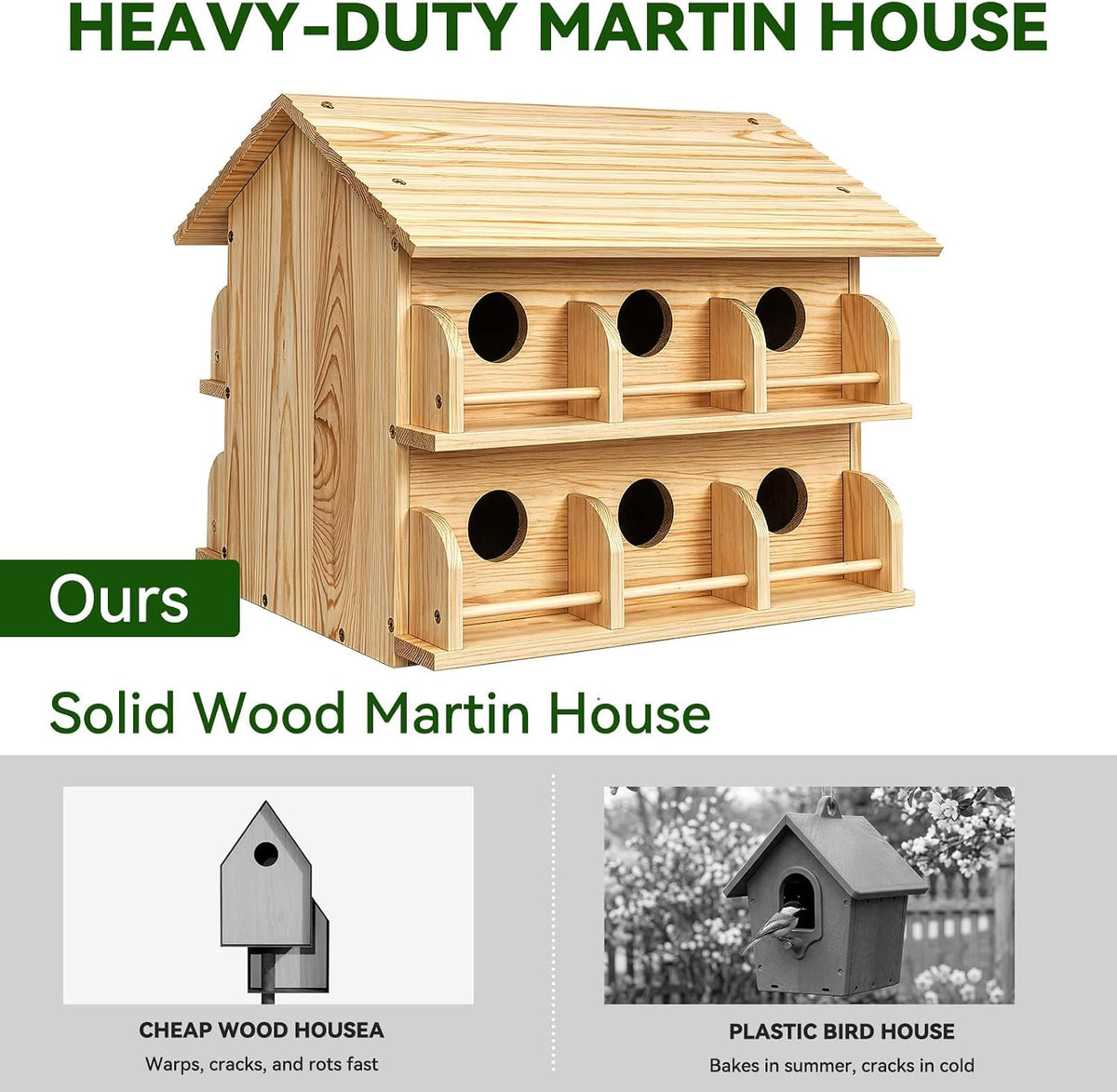 Purple Martin Bird House, 12-Room Wooden Bird Houses for Outside, Large Solid Wood Purple Martin House, Weatherproof