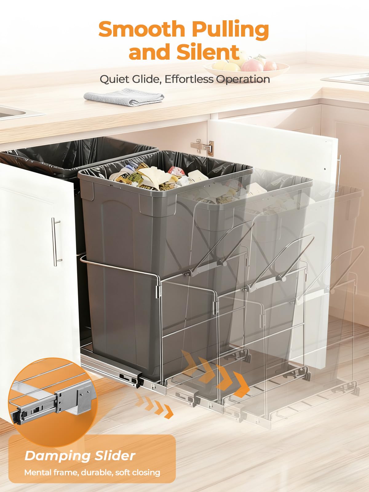 Pull Out Trash Can Under Cabinet, 35 QT Double Under Sink Trash Can Waste Container with with Chrome Wire Bottom