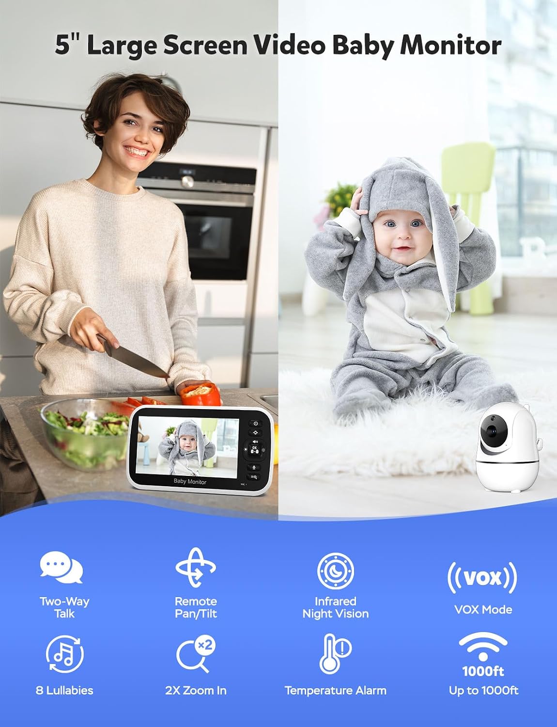 5" Split Screen Baby Monitor with 2 Cameras and Audio | No WiFi Secure Camera, 30-Hour Battery, Remote PTZ, Auto