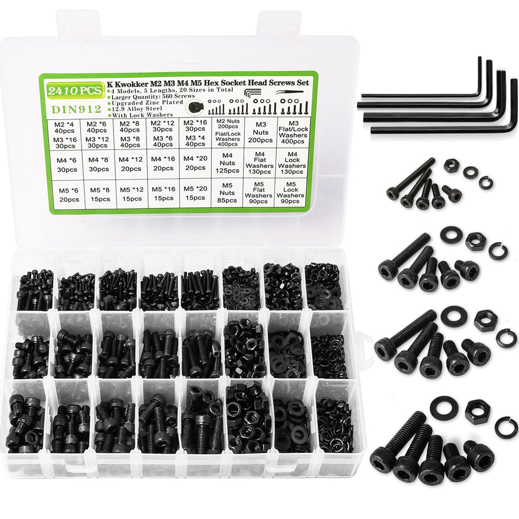 M2 M3 M4 M5 Hex Socket Bolt & Nut Assortment Kit, 2410Pcs