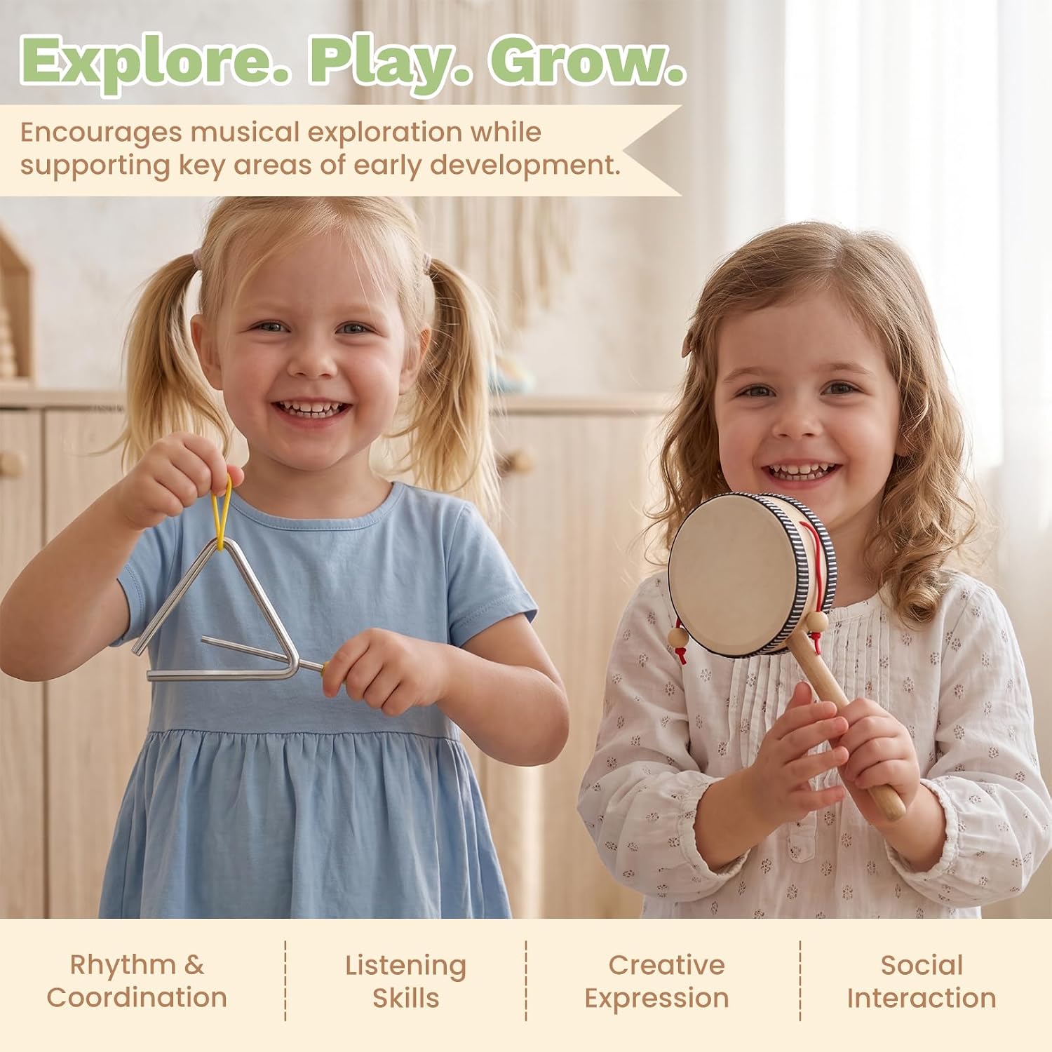 Wooden Musical Instruments Set for Toddlers 1-3, Montessori Baby Toys | Natural Wood Percussion Instruments Xylophone
