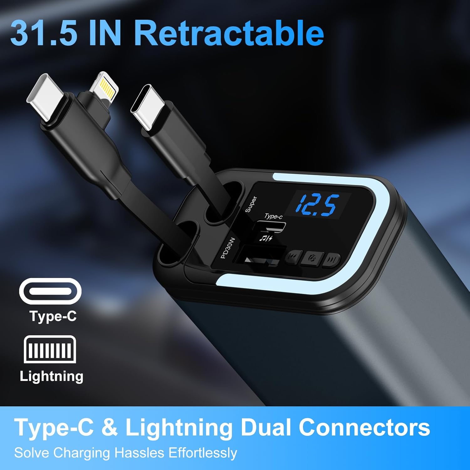 5-in-1 120W 30-Minutes Fast Flash Charging Retractable Car Charger, Wireless Bluetooth FM Transmitter, Type-C+USB-A